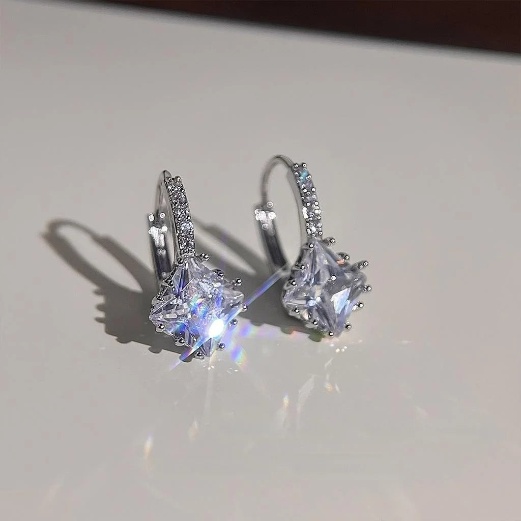 Copper Zircon Micro Pave Square Geometric Drop Earrings For Women, Minimalist Luxury Style