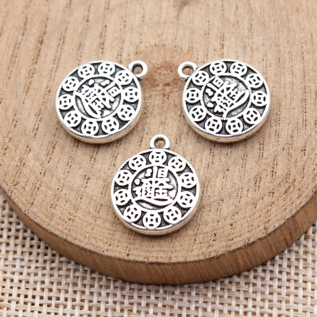 17x15mm 3.2g Antique Silver Zinc Alloy Chinese Lucky Wealth Symbol Charm Pendant for DIY Jewelry