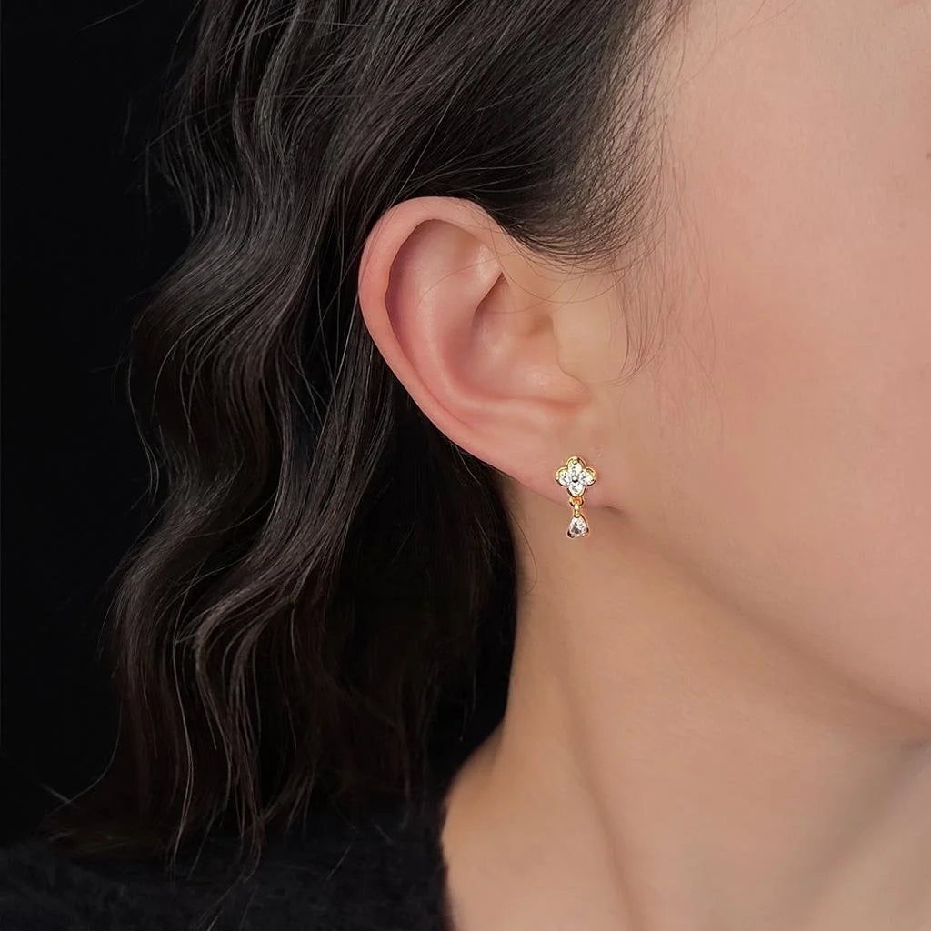 Mini 14K Plated Zircon Flower Waterdrop Stud Earrings For Women, Simple Versatile Jewelry