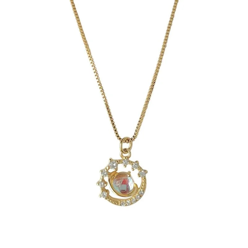 French Style 14K Gold Plated Copper Zircon Planet Pendant Necklace For Women