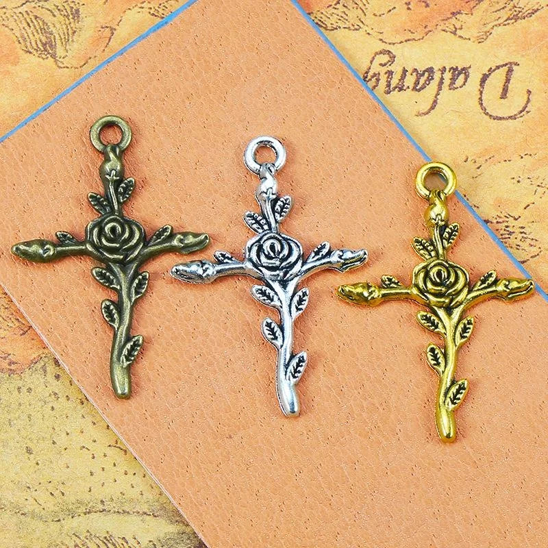 35x24MM Zinc Alloy Rose Cross Charm Pendant for DIY Necklace Bracelet Jewelry Making