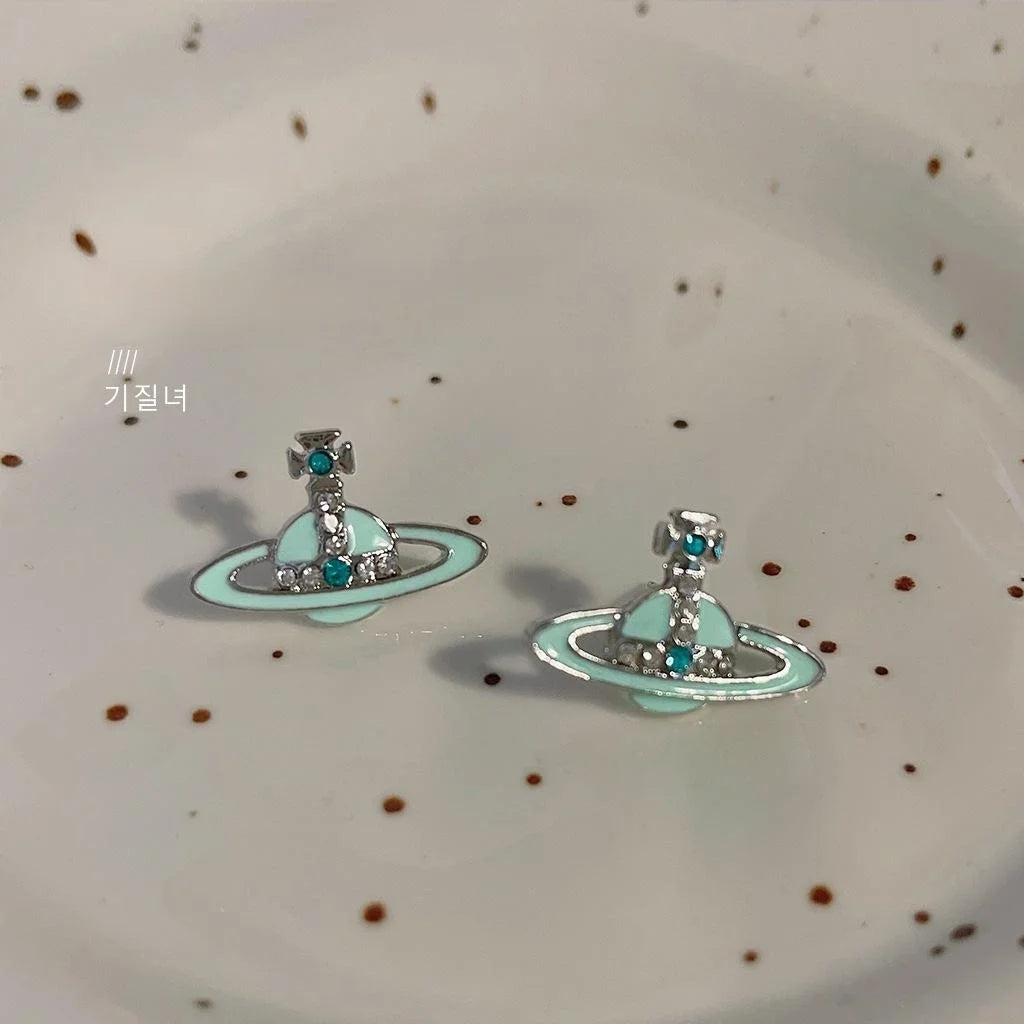 Milk Blue Saturn Stud Earrings Copper Enamel Star Planet Sweet Cool Jewelry