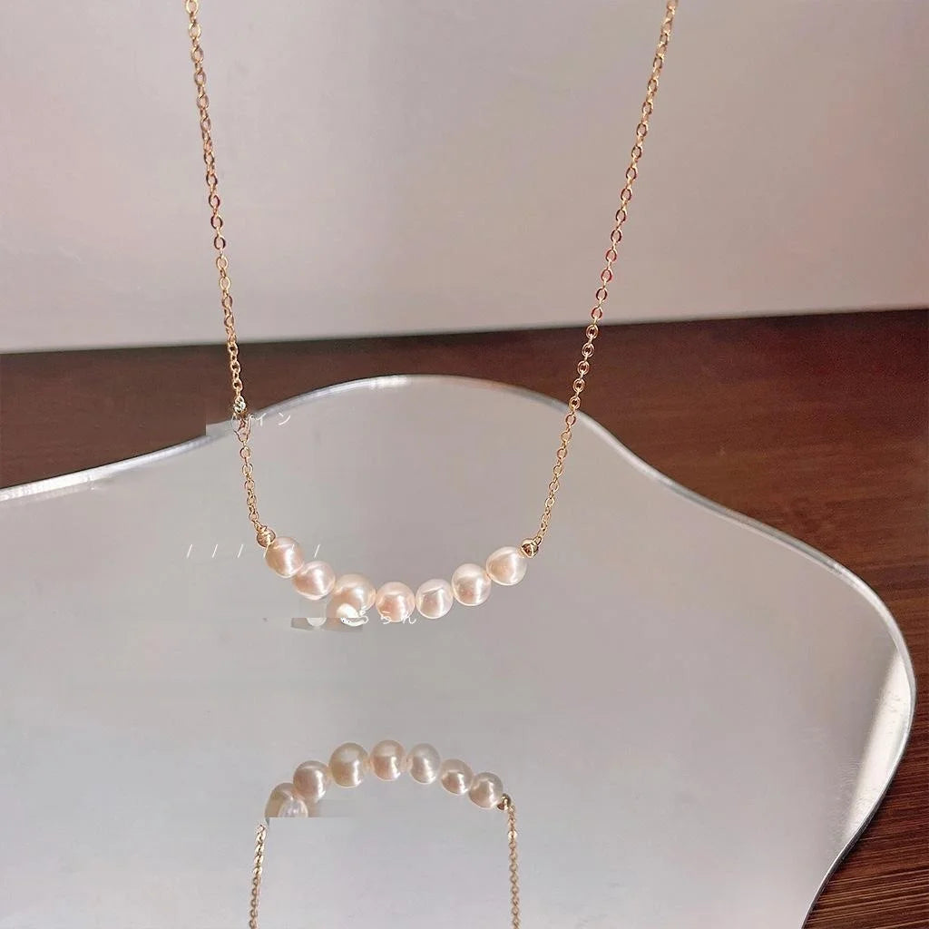 Freshwater Pearl 14K Gold Plated Copper Geometric Collarbone Necklace French Vintage Style
