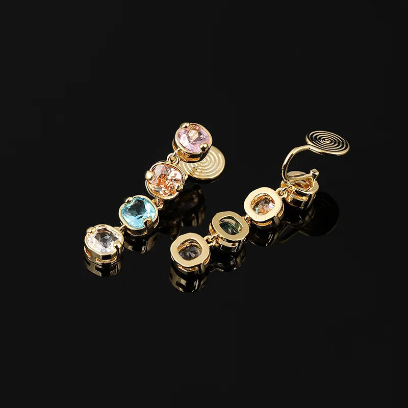 Elegant Multicolor Zircon Tassel Drop Alloy Stud & Clip On No Piercing Sweet Spiral Back Earrings