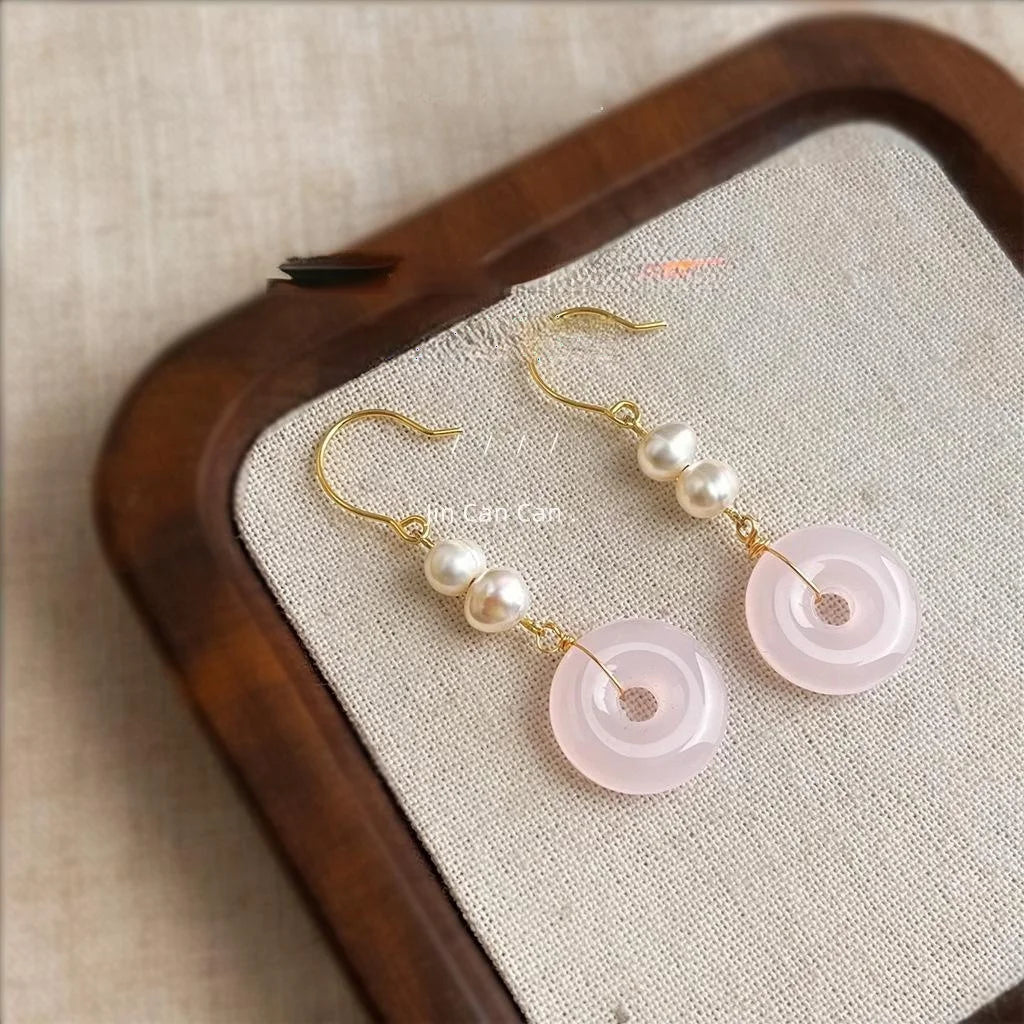 Vintage Court Style Freshwater Pearl Pink Glass Crystal Round Hoop Drop Earrings