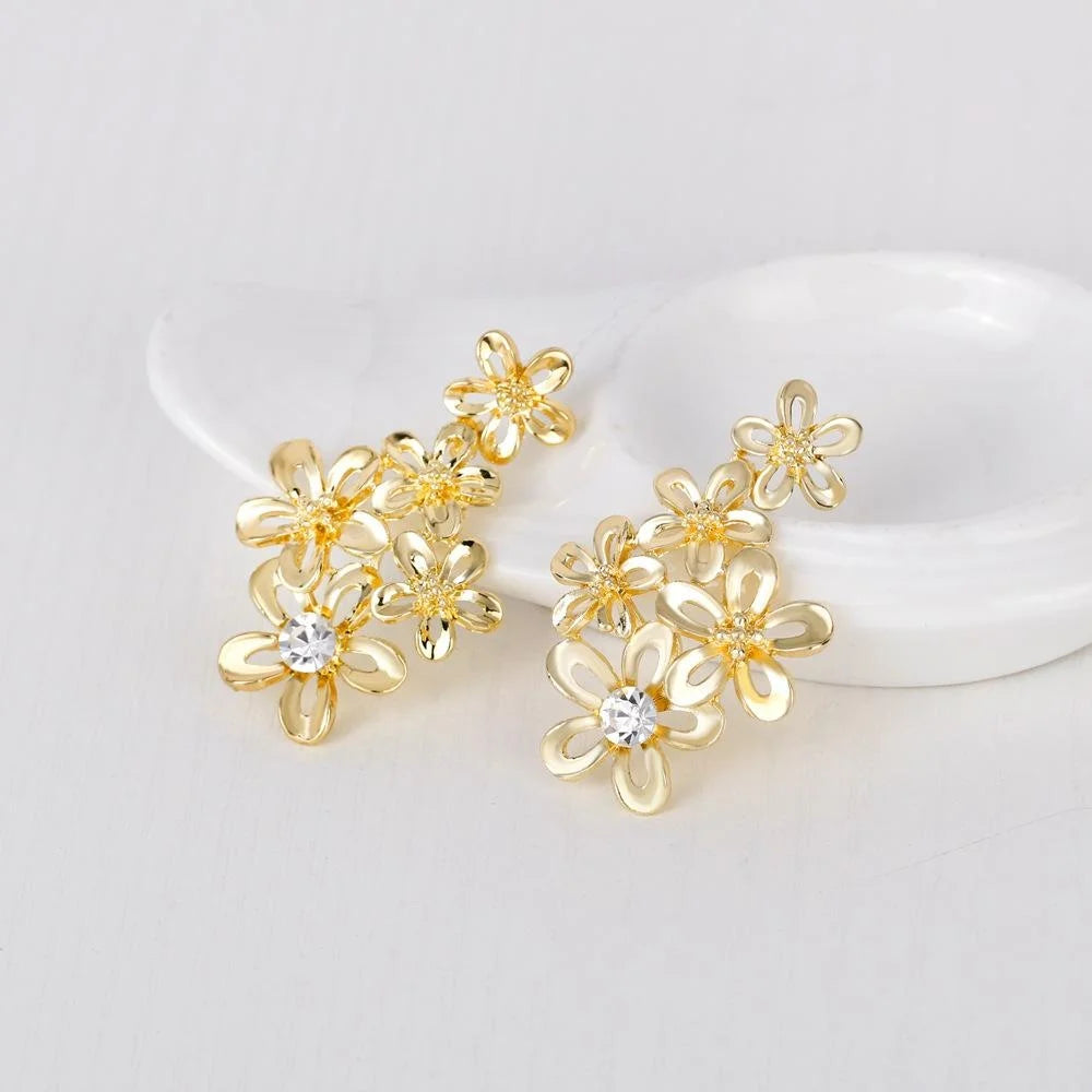 Elegant Gold Alloy Floral Rhinestone Necklace Earrings Jewelry Set For Wedding Party Banquet Gift
