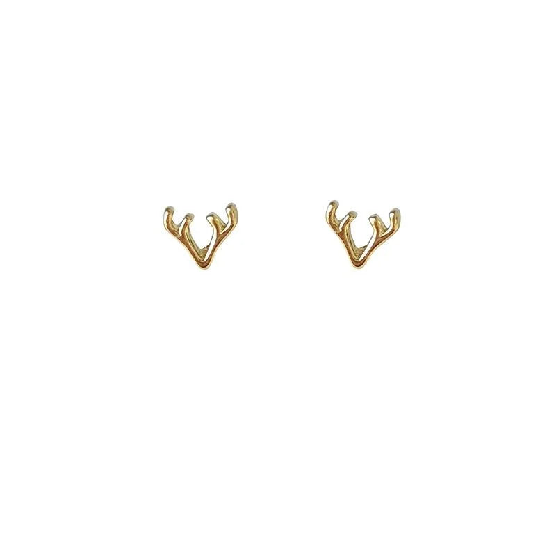 Minimalist Copper Mini Deer Antler Stud Earrings, Silver Plated French Vintage Geometric Jewelry