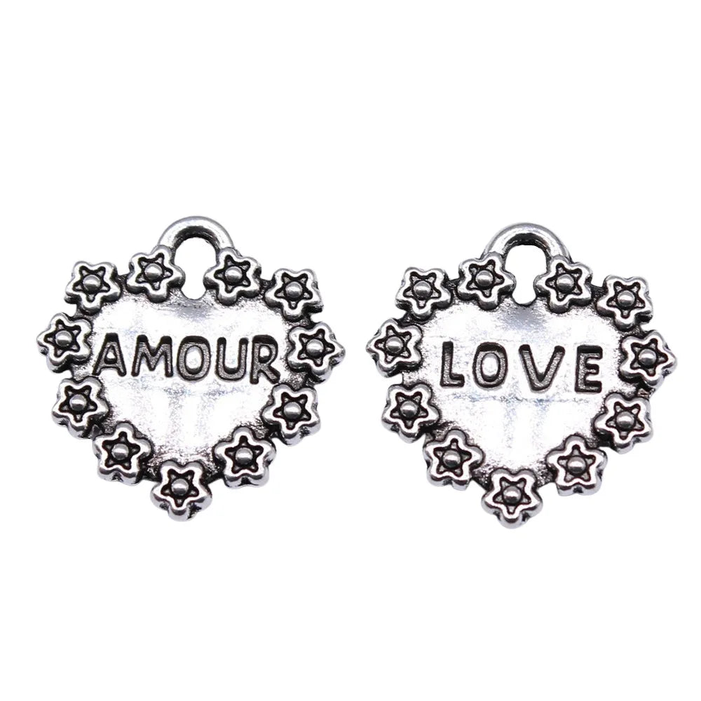 16x15mm 1g Antique Silver Zinc Alloy LOVE AMOUR Heart Charm Pendant for DIY Jewelry Making