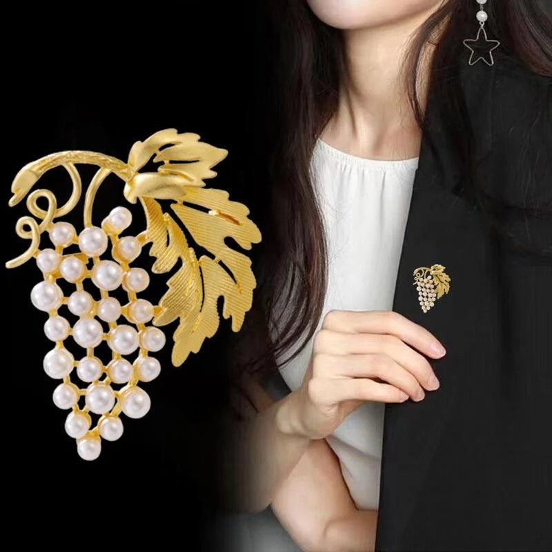 Elegant Gold Alloy Pearl Flower Feather Grape Leaf Brooch, Rhinestone Lapel Pin Corsage Suit Accessory
