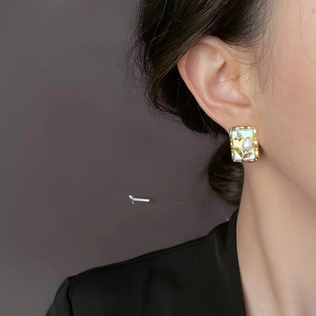 Oil Painting Style Freshwater Pearl Enamel Hand Painted Geometric Flower Stud Earrings