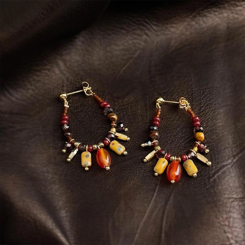Handmade Ethnic Geometric Drop Earrings With Tiger Eye Red Agate Czech Glass And Seed Beads