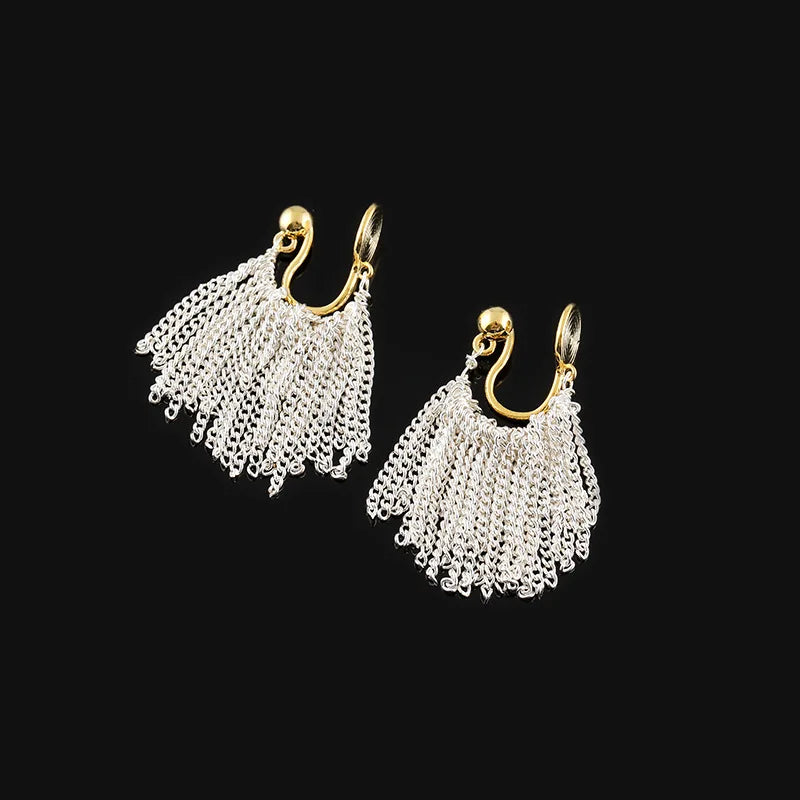 Elegant Alloy U Hoop Waterfall Silver Chain Tassel Fashion Stud & Clip On No Piercing Earrings