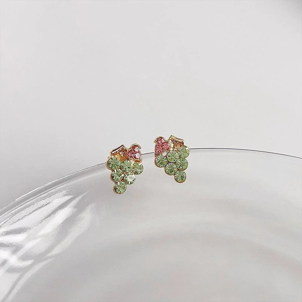 Cute Grape Rhinestone Stud Earrings 14K Plated Sweet Fruit Jewelry