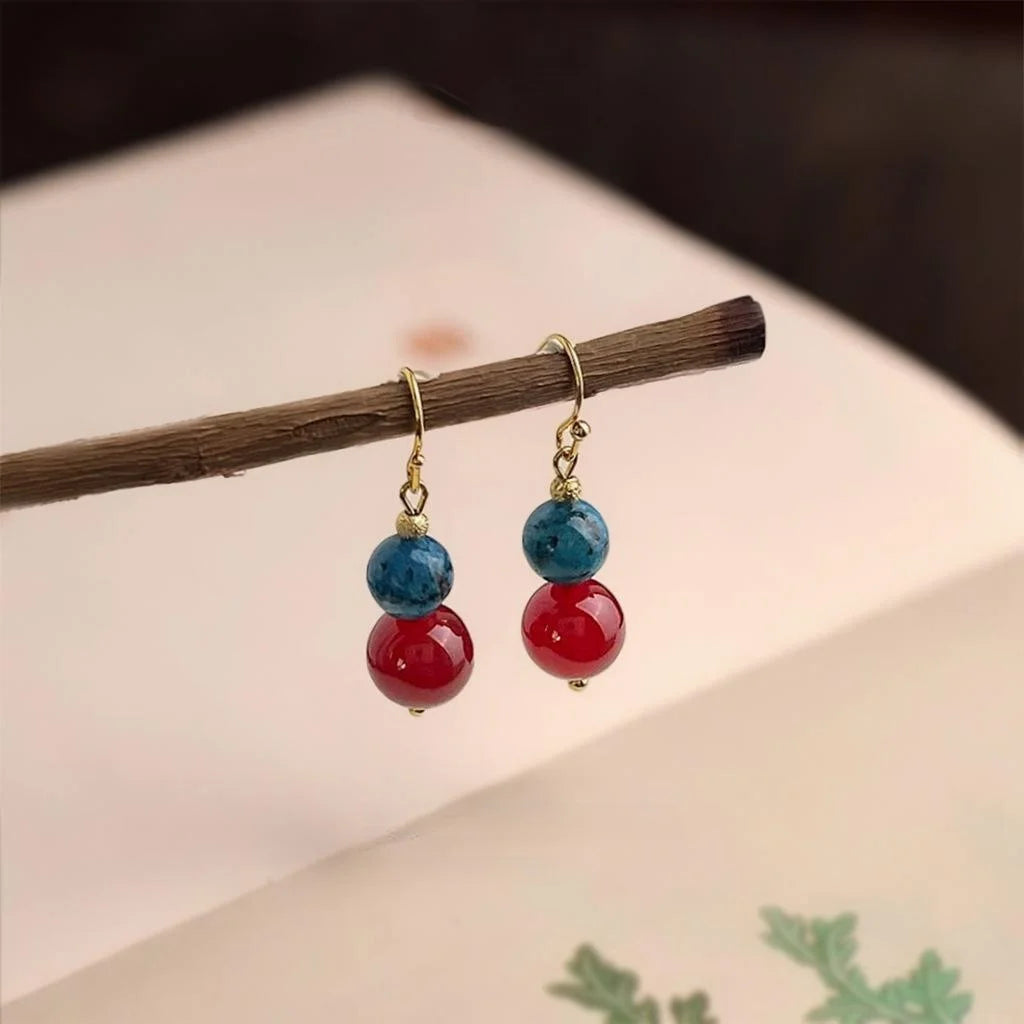 Handmade Copper Red Agate Drop Earrings Ethnic Vintage Geometric Round Dangle Jewelry