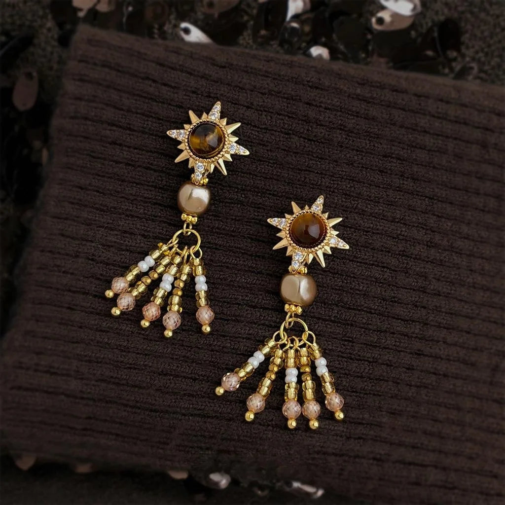 Vintage Maillard Tiger Eye Star Tassel Drop Earrings Copper Pearl Beaded Zircon Designer Jewelry
