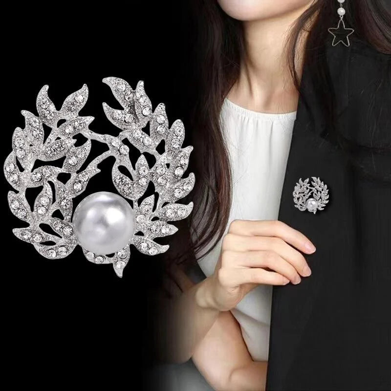 Elegant Rhinestone Leaf Wreath Brooch With Faux Pearl, Luxury Women's Lapel Pin Corsage Suit Accessory Gift
