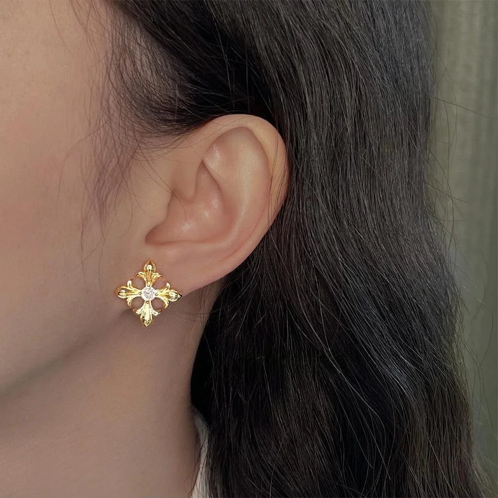 14K Plated Copper Floral Leaf Geometric Stud Earrings Minimalist Designer Jewelry