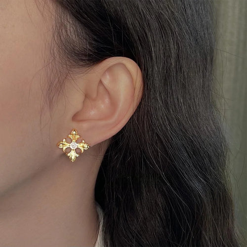 14K Plated Copper Floral Leaf Geometric Stud Earrings Minimalist Designer Jewelry