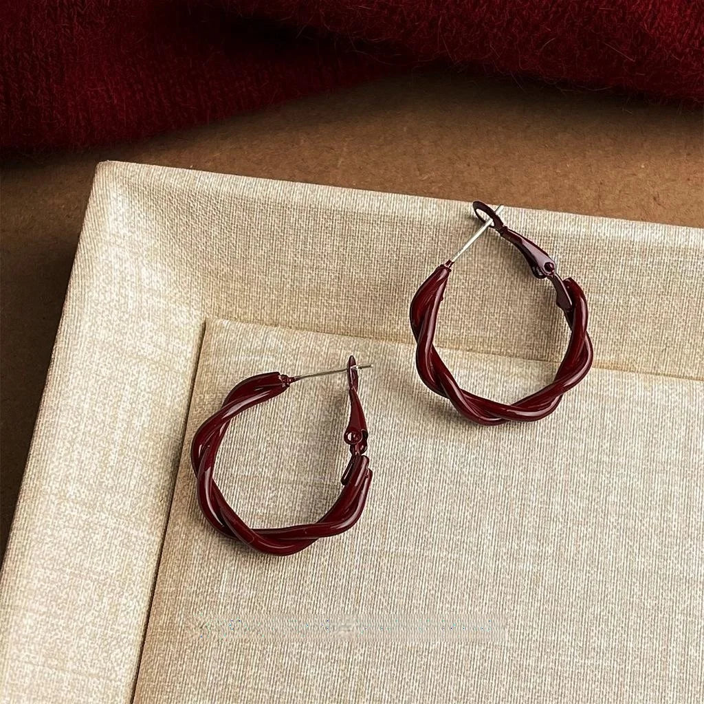 French Vintage Burgundy Enamel Twisted Copper Hoop Earrings Geometric Round Jewelry