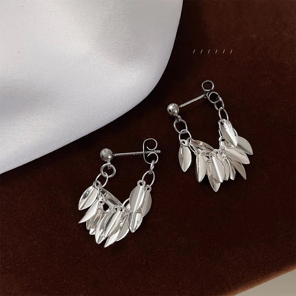 Handmade Silver Leaf Tassel Chain Drop Earrings Copper New Chinese Light Luxury Jewelry