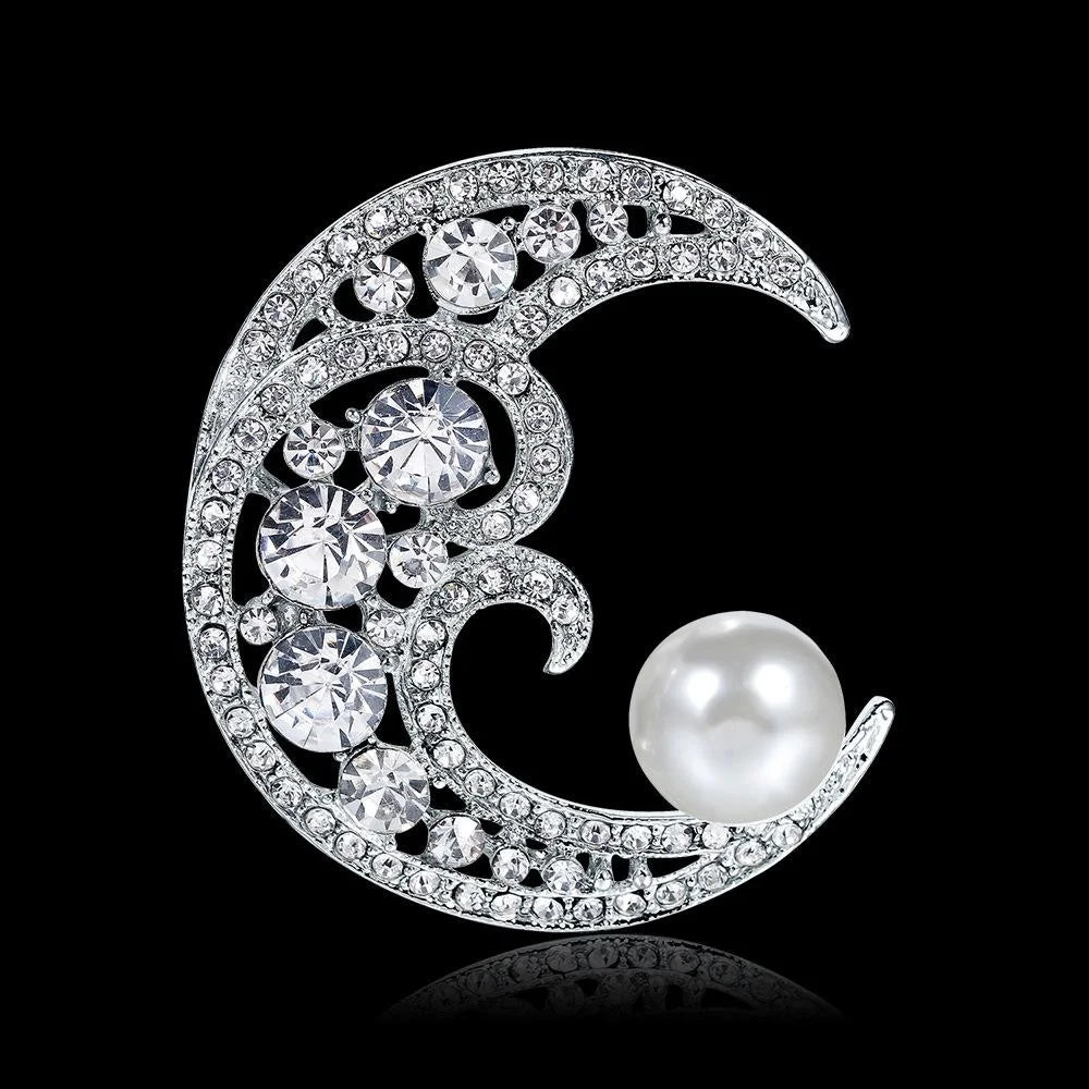 Elegant Crescent Moon Pearl Rhinestone Brooch For Women, Luxury Alloy Lapel Pin Corsage Suit Accessory Gift