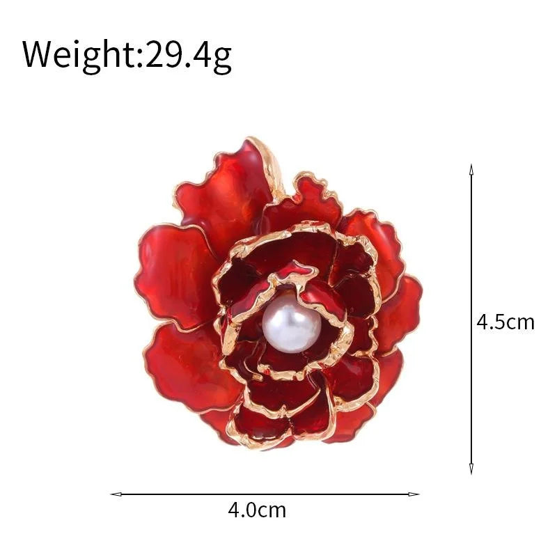 Elegant Red Enamel Peony Flower Brooch With Pearl Center, Gold Tone Alloy Lapel Pin Corsage Gift