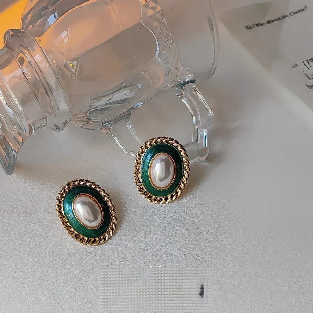 French Court Vintage Oval Enamel Pearl Copper Stud Earrings With Silver Plated Posts