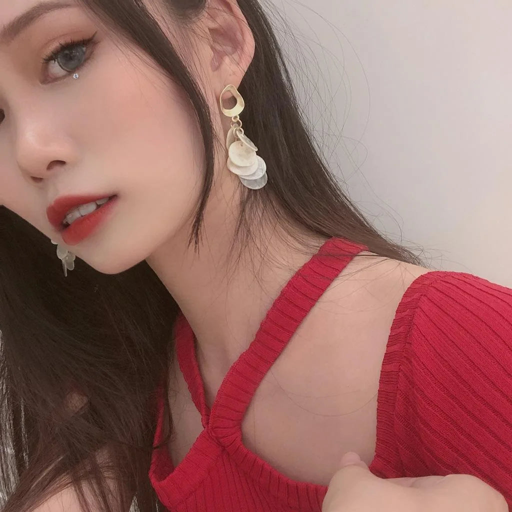 14K Gold Plated Natural Shell Heart Drop Earrings, Korean Handmade Asymmetric AB Casual Jewelry