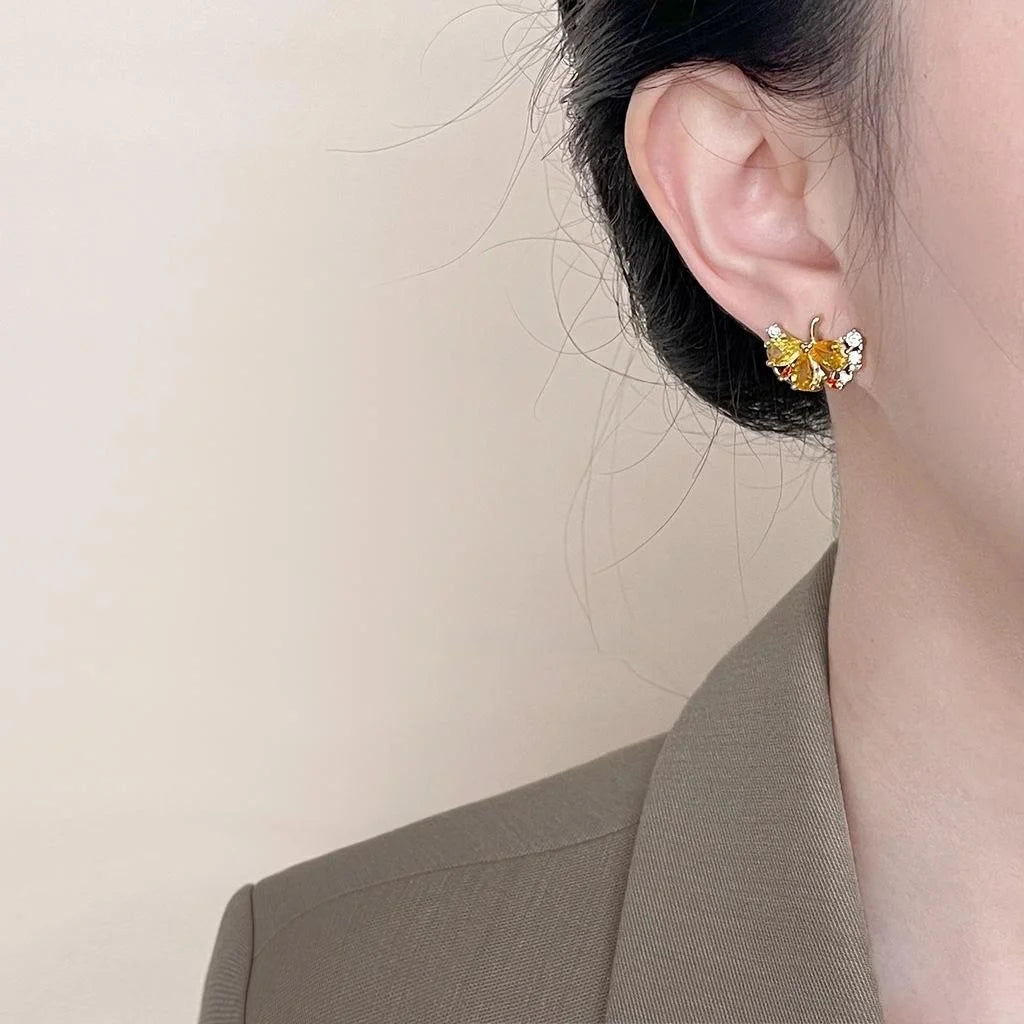 2025 New 14K Gold Plated Copper Ginkgo Leaf Zircon Stud Earrings For Fashion Office Wear