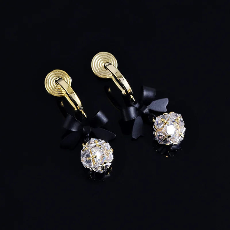 Vintage Black Bow Alloy Zircon Crystal Drop Stud & Clip On No Piercing Luxury Dangle Earrings