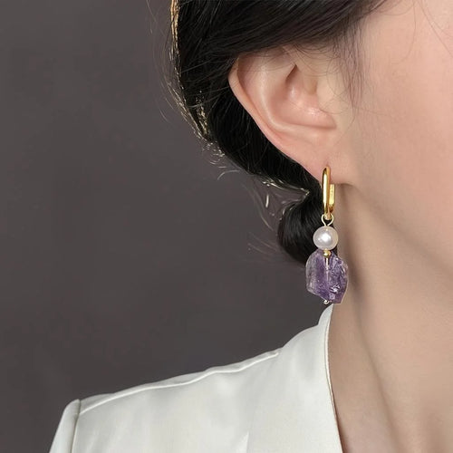Light Luxury Irregular Geometric Freshwater Pearl Amethyst Natural Stone Drop Earrings For Women