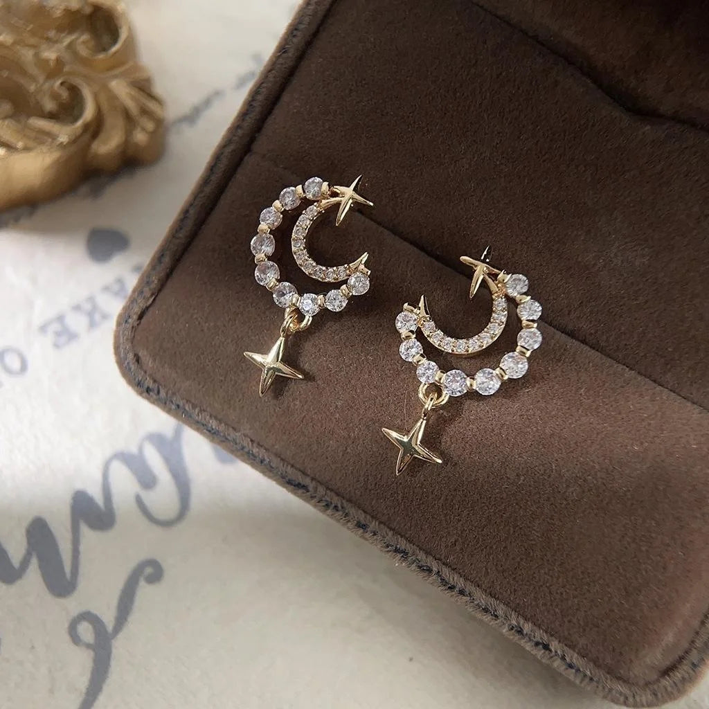 14K Gold Plated Copper Moon Star Zircon Stud Earrings Minimalist Korean Jewelry