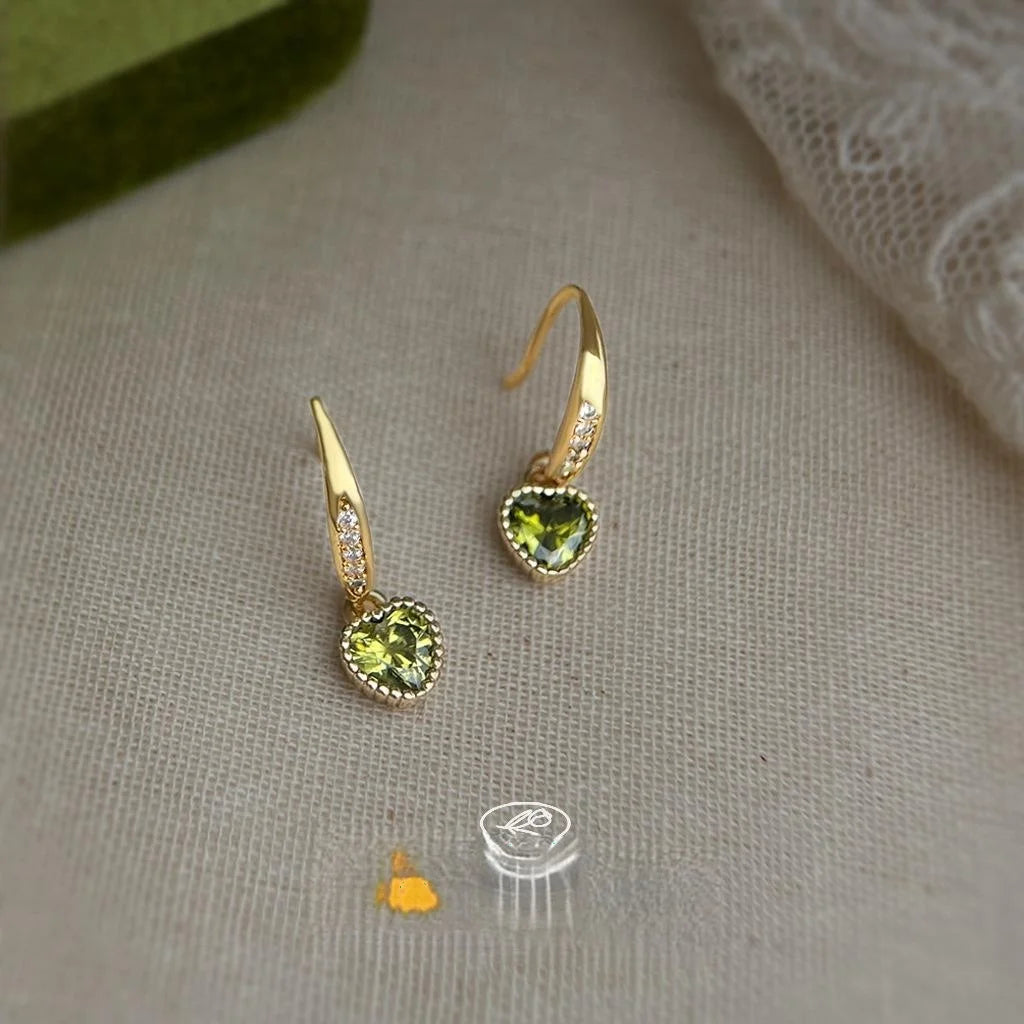 14K Gold Plated Olive Green Zircon Heart Drop Earrings, Light Luxury Minimalist Jewelry