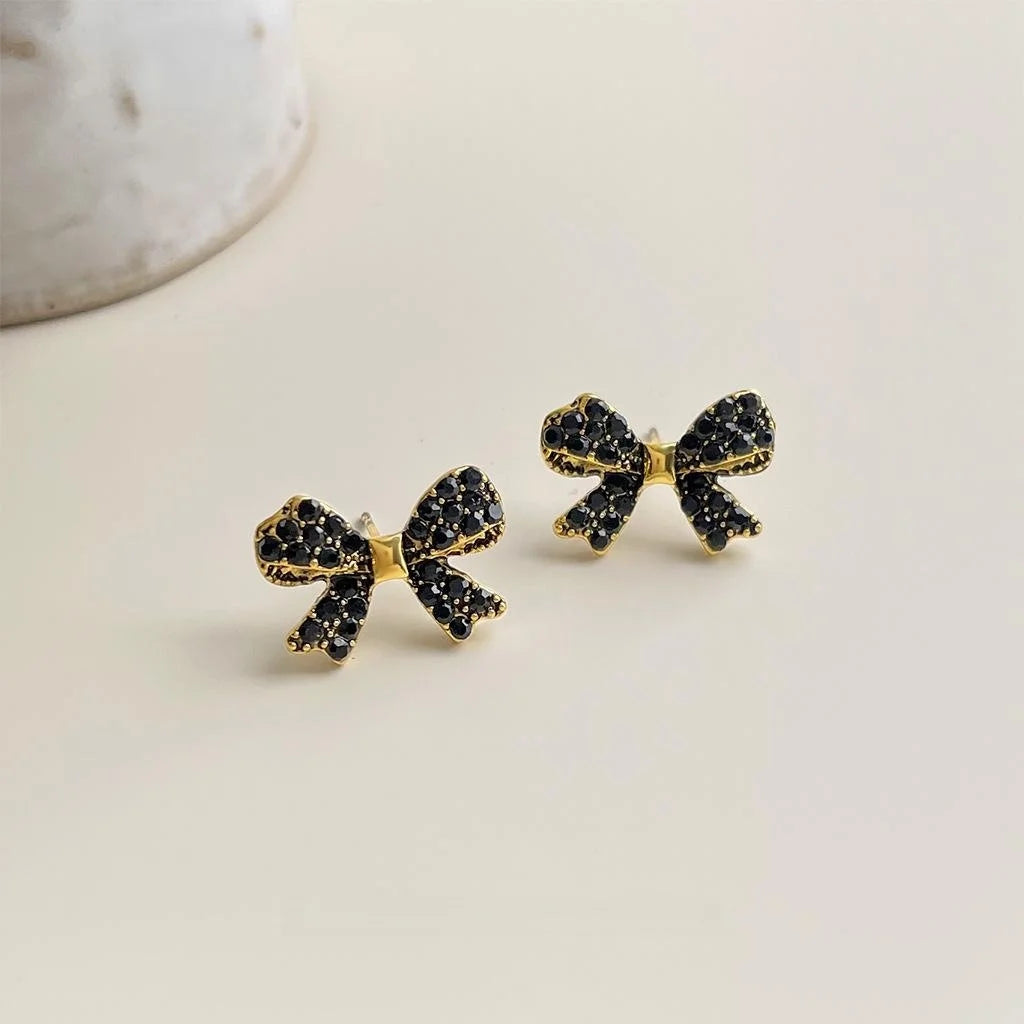 Light Luxury Alloy Rhinestone Bow Stud Earrings With Silver-Plated Pins For Women
