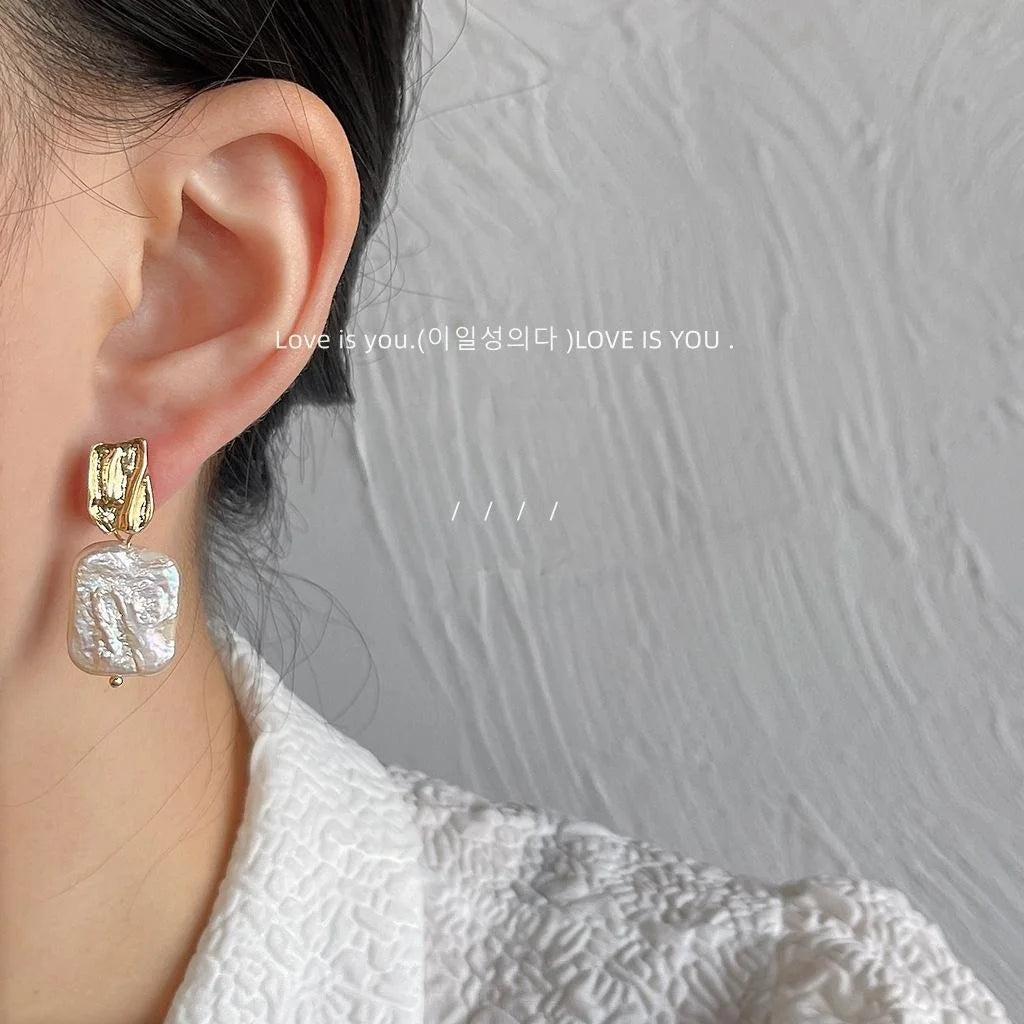 Baroque Irregular Freshwater Pearl Stud Earrings With 14K Plated Handmade Geometric Design