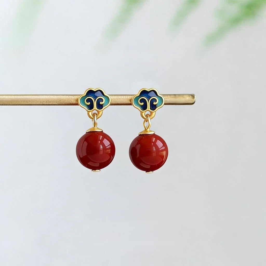 Handmade Vintage Chinese Court Style Red Enamel Glass Pearl Floral Drop Earrings With Auspicious Pattern