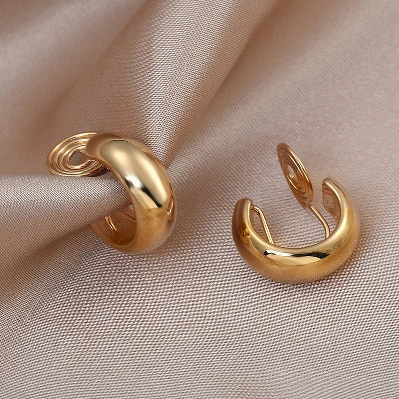 Vintage Gold Alloy Spiral Disc C Hoop Stud & Clip On No Piercing Minimalist Metal Ear Cuff Earrings