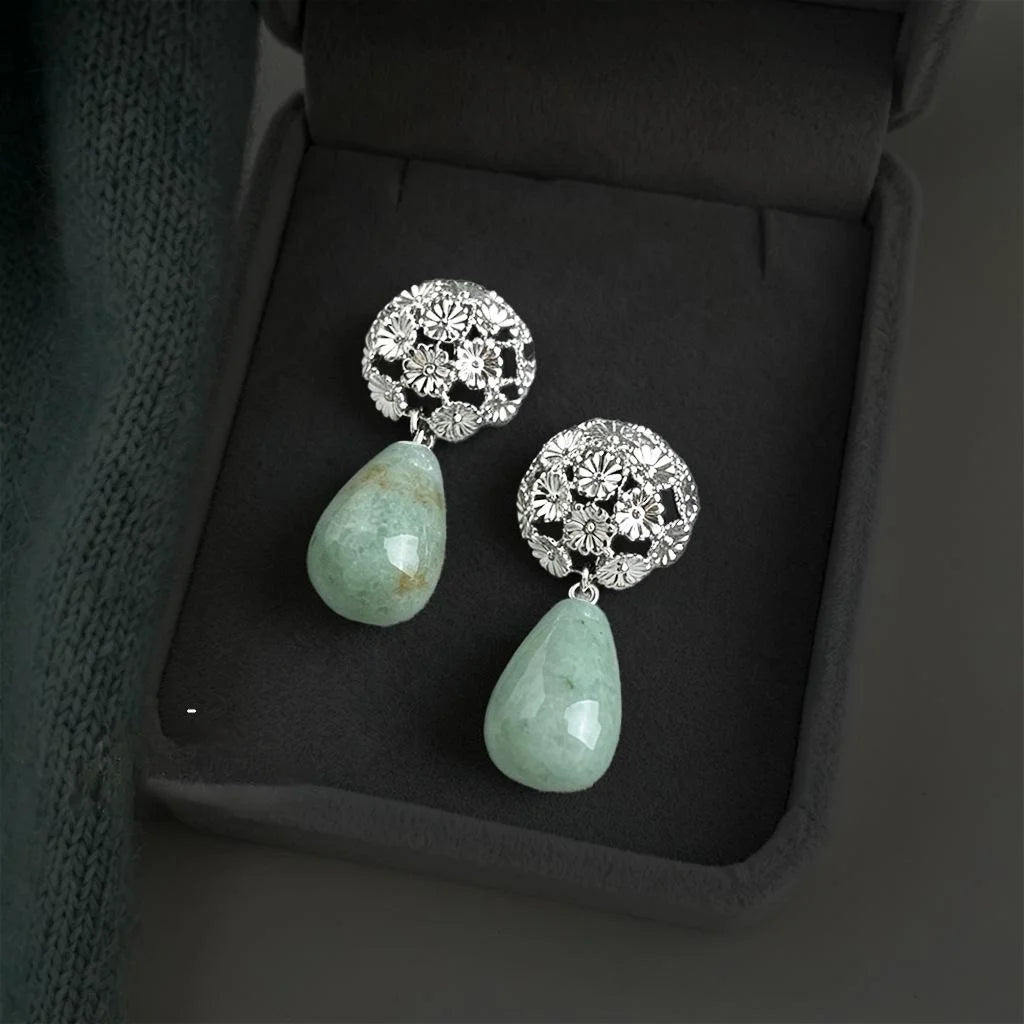 Natural Aventurine Jade Flower Drop Earrings New Chinese Vintage Teardrop Guofeng Jewelry
