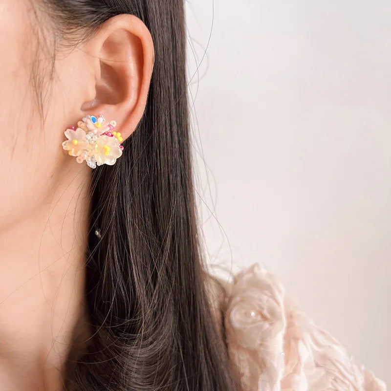Sweet Colorful Handmade Crystal Beaded Daisy Flower Stud & Clip On No Piercing Vacation Style Earrings