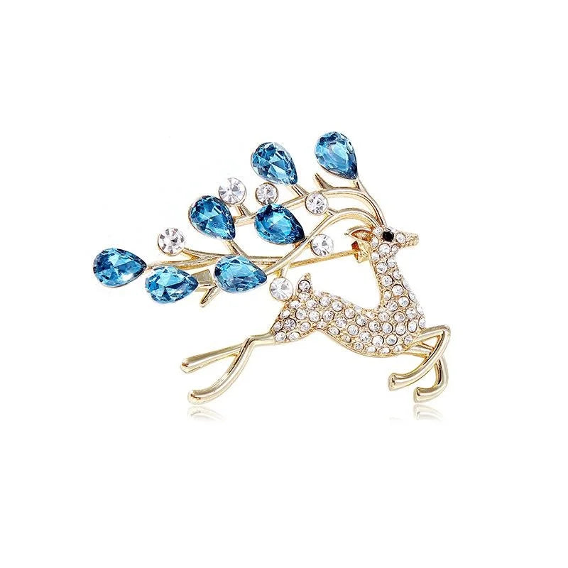 Elegant Rhinestone Deer Brooch With Blue Teardrop Branch Antlers, Luxury Animal Lapel Pin Suit Accessory Gift