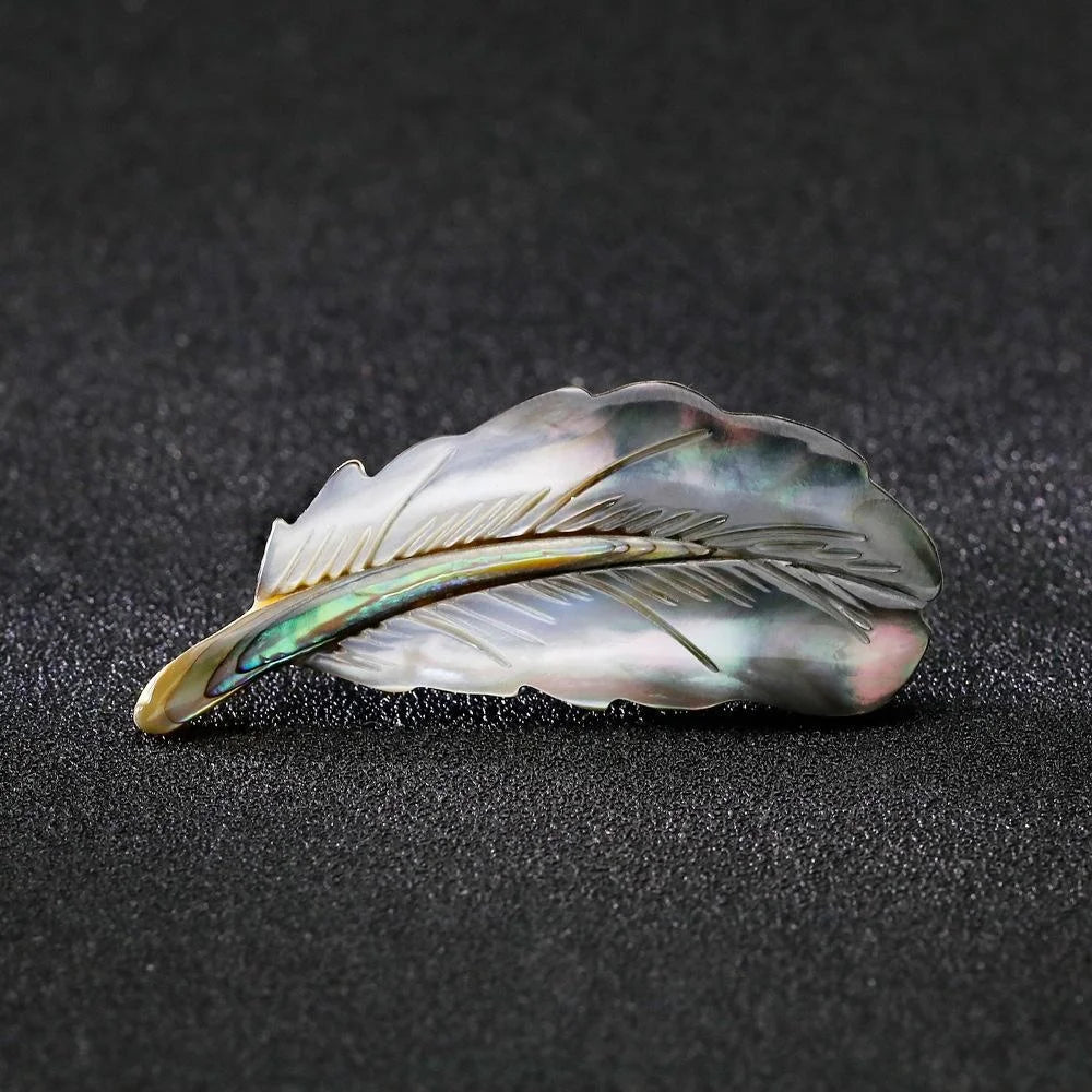 Elegant Abalone Mother Of Pearl Feather Brooch For Women, Alloy Lapel Pin Corsage Suit Accessory Gift
