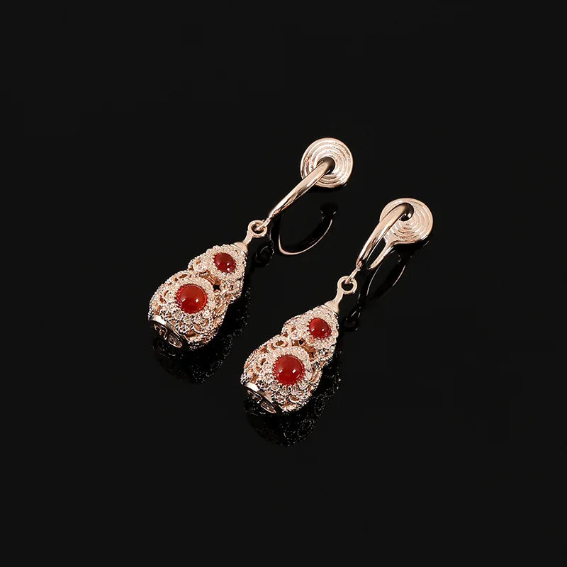 Elegant Hollow Red Agate Gourd Rhinestone Alloy Stud & Clip On No Piercing Drop Earrings