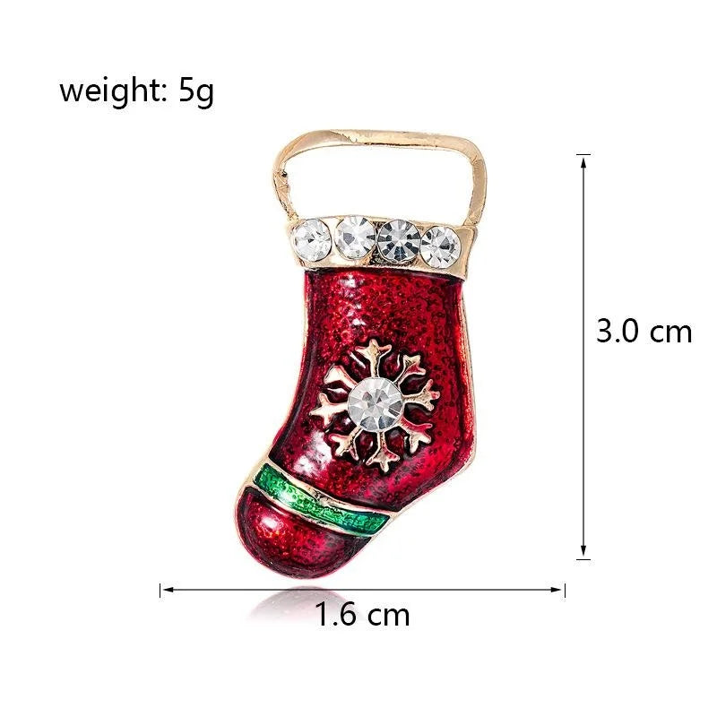 Cute Christmas Stocking Snowflake Brooch With Red Enamel And Rhinestones, Festive Lapel Pin Gift
