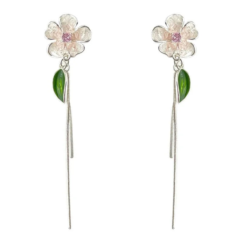 Sweet Floral Glass Crystal Micro Pave Zircon Long Tassel Drop Earrings