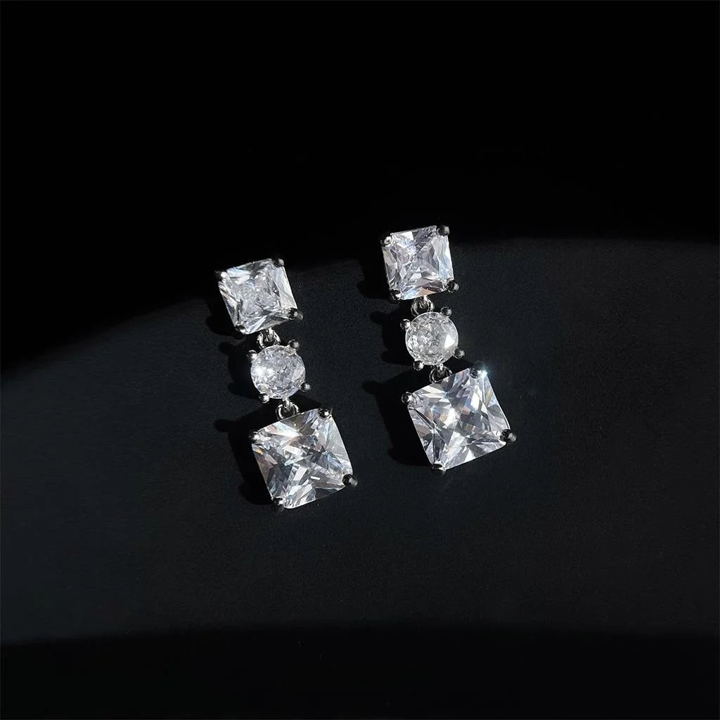 Light Luxury Micro Pave Zircon Square Geometric Long Tassel Eco Copper Stud Earrings