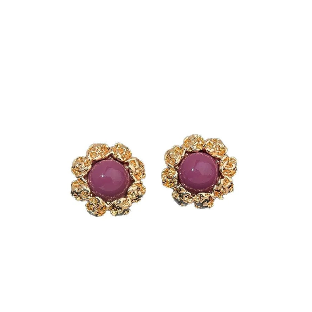 Vintage Court Style Floral Round Copper Stud Earrings, French Elegant Jewelry