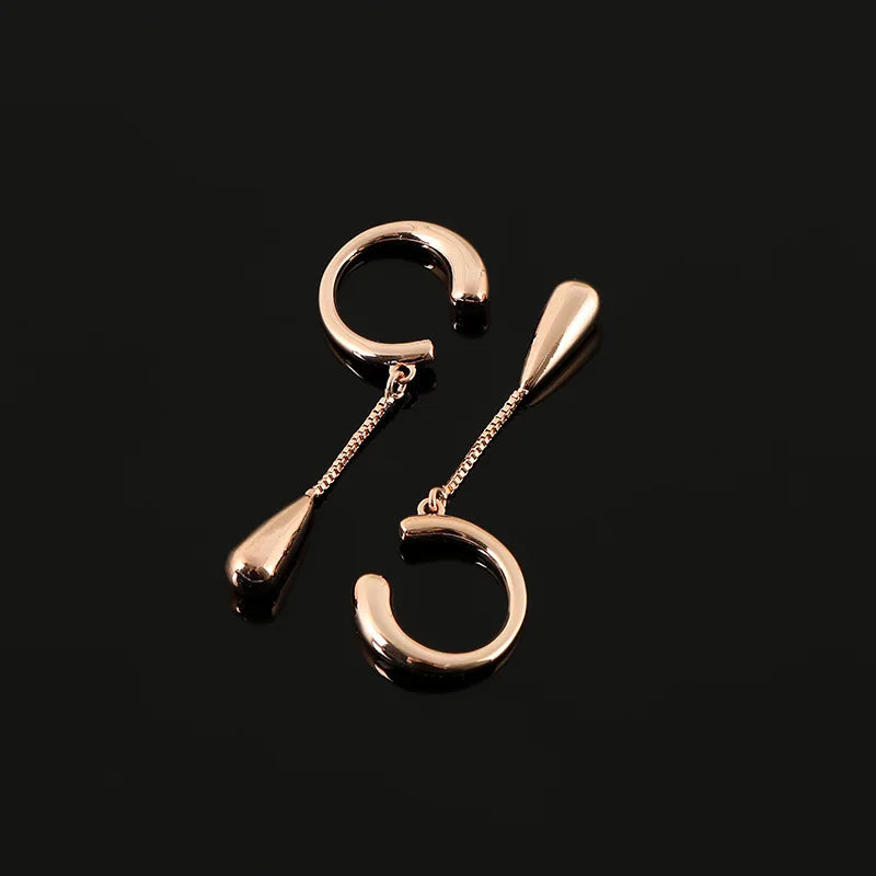 Elegant Alloy Ear Cuff Chain Tassel Water Drop Stud & Clip On No Piercing Long Dangle Earrings