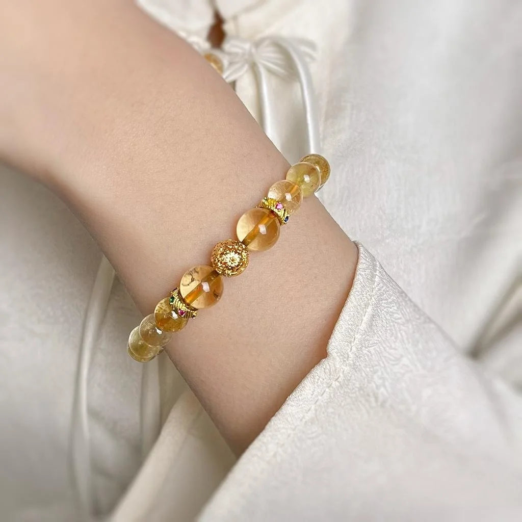 Golden Rutilated Quartz Natural Stone Geometric Round Bead New Chinese Vintage Handmade Bracelet