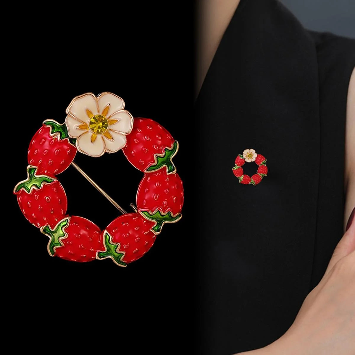 Cute Enamel Strawberry Wreath Brooch With Flower Rhinestone, Alloy Lapel Pin Corsage Suit Accessory Gift