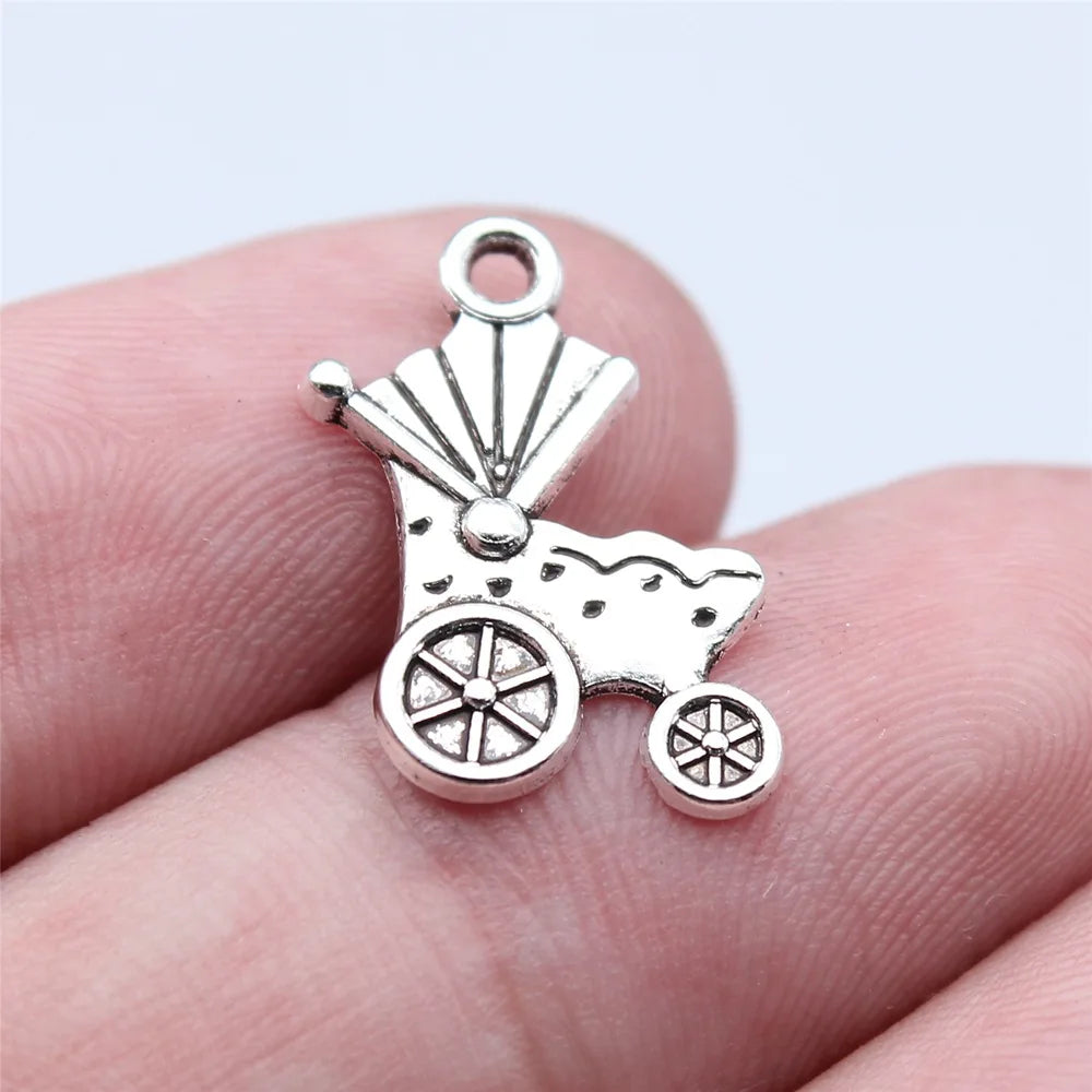 19x12mm 0.6g Antique Silver Zinc Alloy Baby Stroller Charm Pendant for DIY Baby Shower Jewelry Making